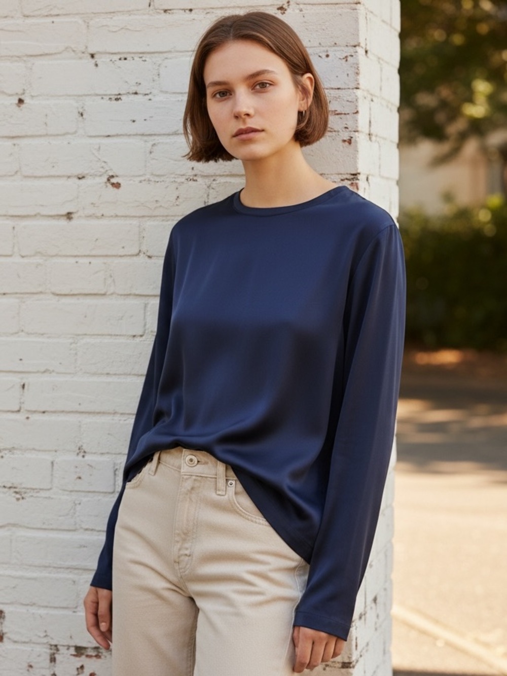 Jaki Sleek Navy Long-Sleeve Satin Tee